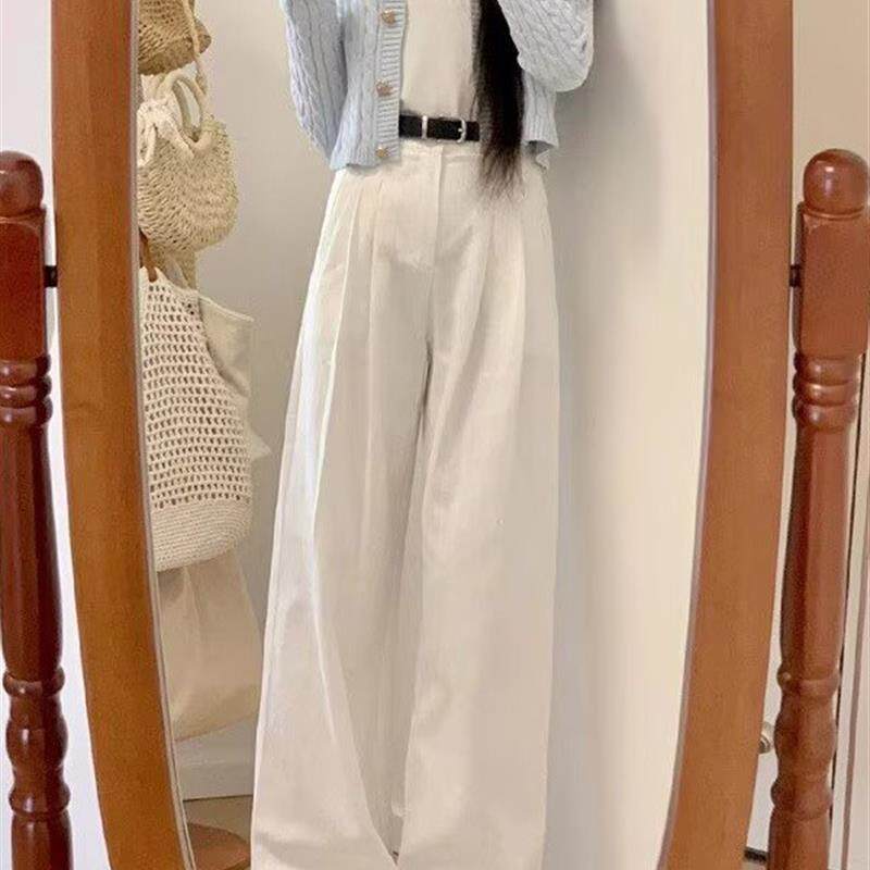 美式白色褶皱阔腿牛仔裤女春季新款高腰显瘦垂感慵懒拖地直筒长裤