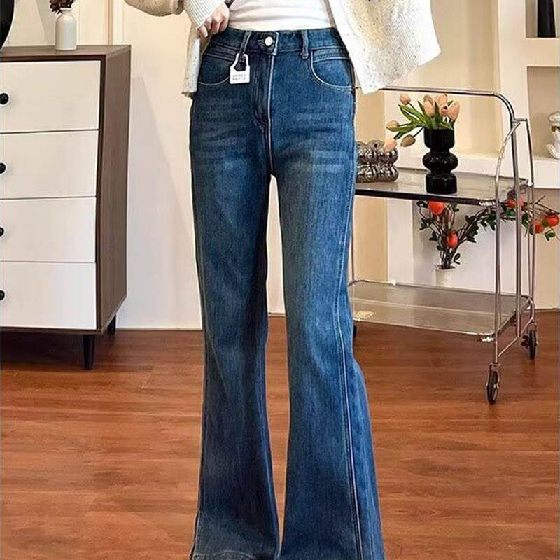 复古蓝微喇弹力牛仔裤女春季新款高腰显瘦直筒阔腿马蹄裤子喇叭裤