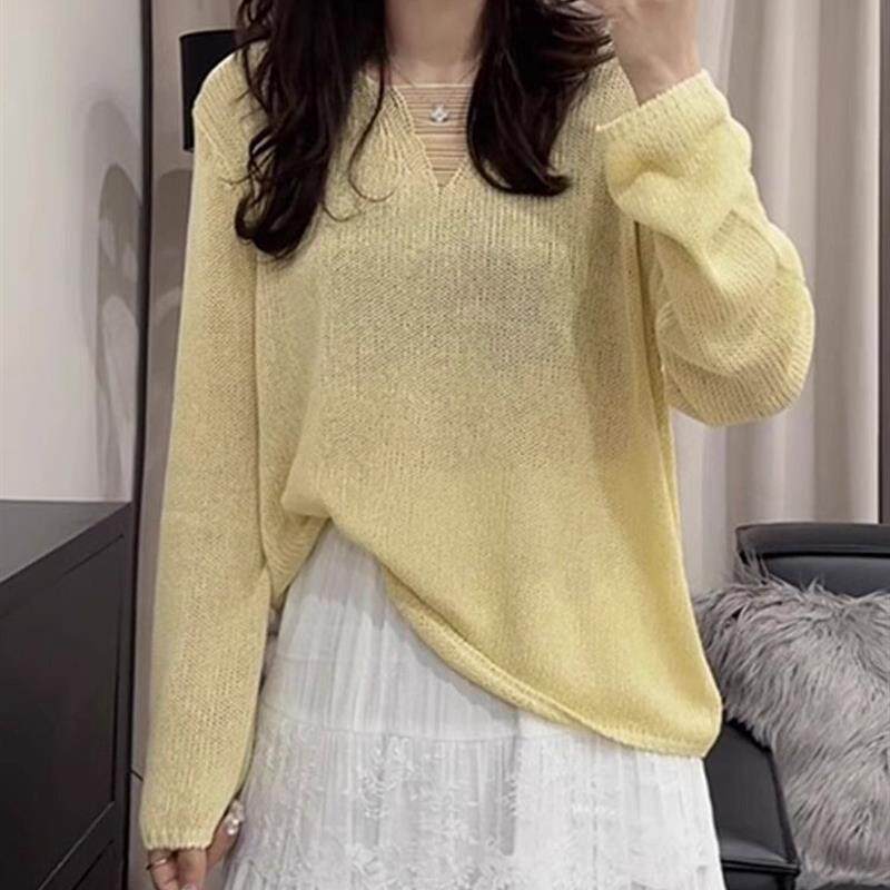 开春韩系穿搭毛衣针织衫春装女款2026年新款爆款镂空v领针织上衣
