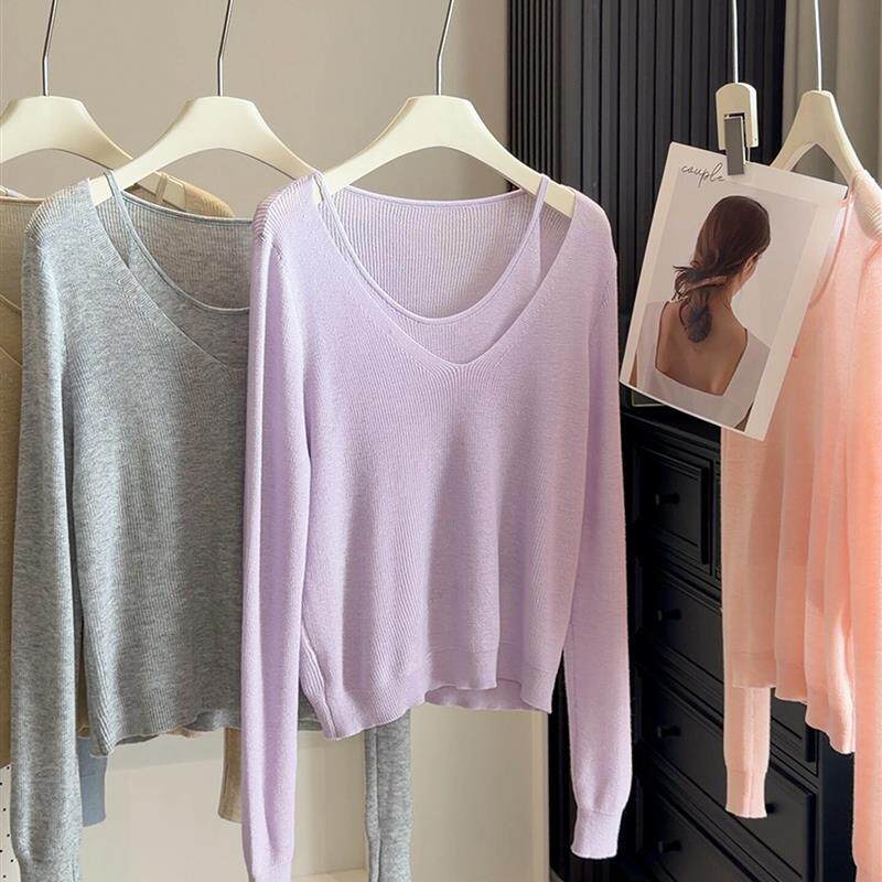 春季巨好看韩系假两件针织衫女式2026新款长袖薄款软糯毛衣打底衫