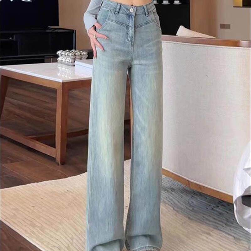浅色阔腿牛仔裤女梨形身材春季新款小个子宽松显瘦垂感直筒长裤子