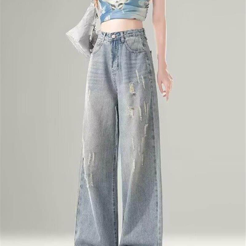 高腰美式破洞牛仔裤女春季新款宽松显瘦直筒垂感抓痕阔腿拖地长裤