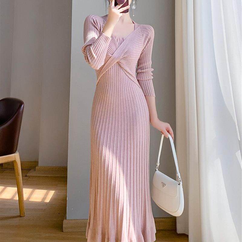 实拍秋冬中长款过膝荷叶边鱼尾包臀打底内搭针织连衣裙女长袖