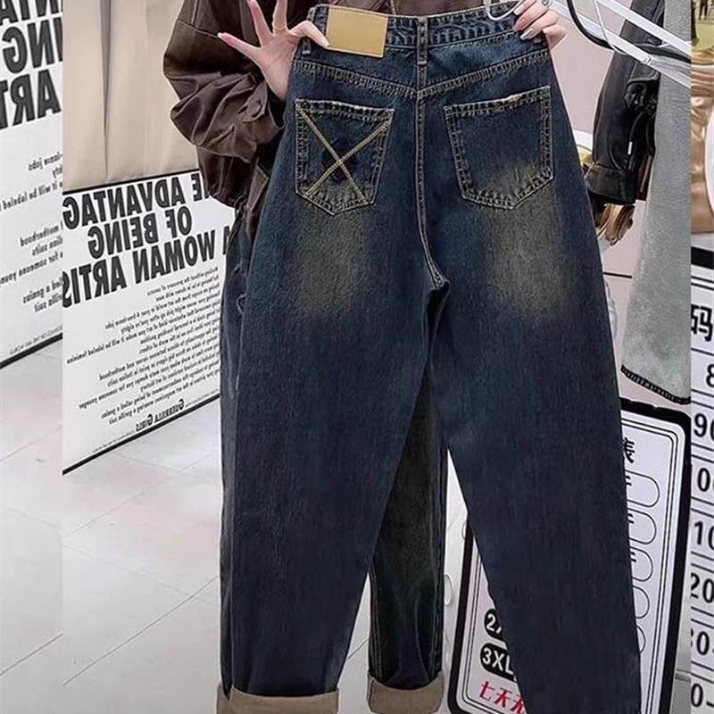 萝卜大码复古九分弹力哈伦牛仔裤女秋季胖mm高腰显瘦直筒老爹裤子
