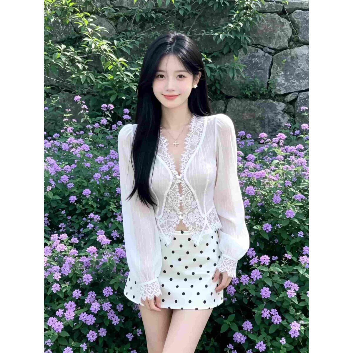 纯性感v领上衣长袖绝美衬