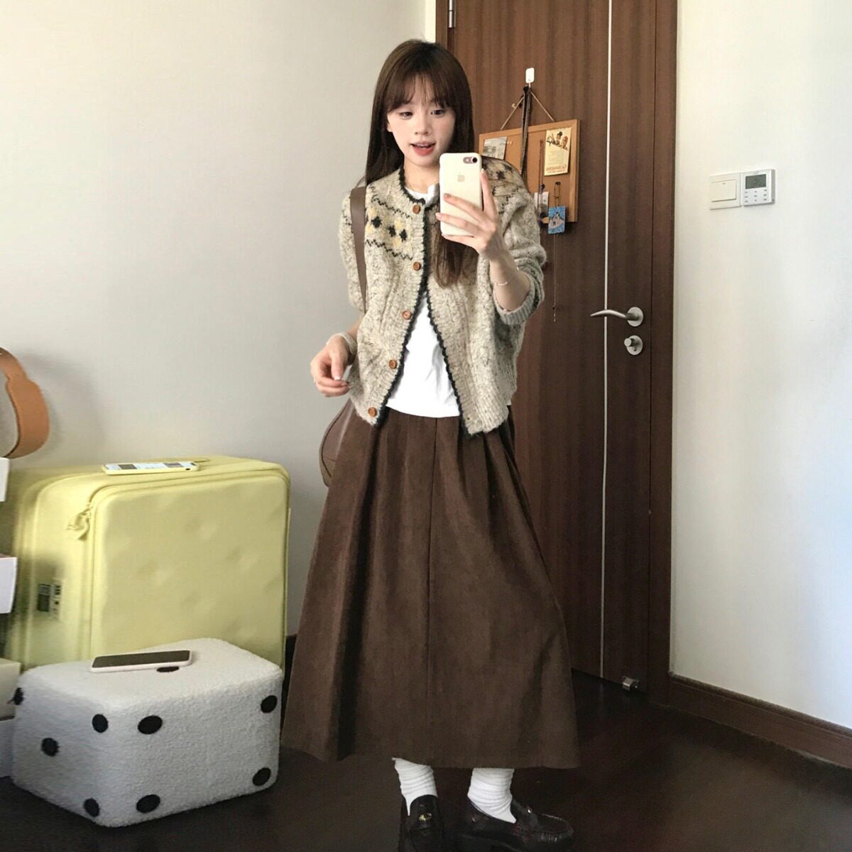 秋天一整套穿搭早秋韩系chic费尔岛毛衣开衫半身长裙学院风套装冬