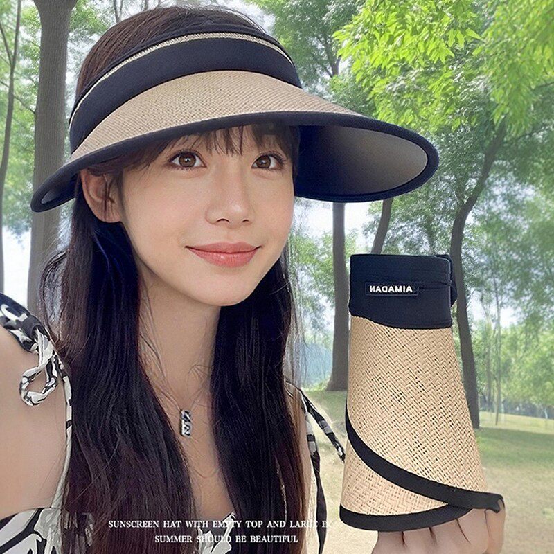 草编防晒帽女士2026春夏季新款户外防晒防紫外线遮阳黑胶空顶帽子