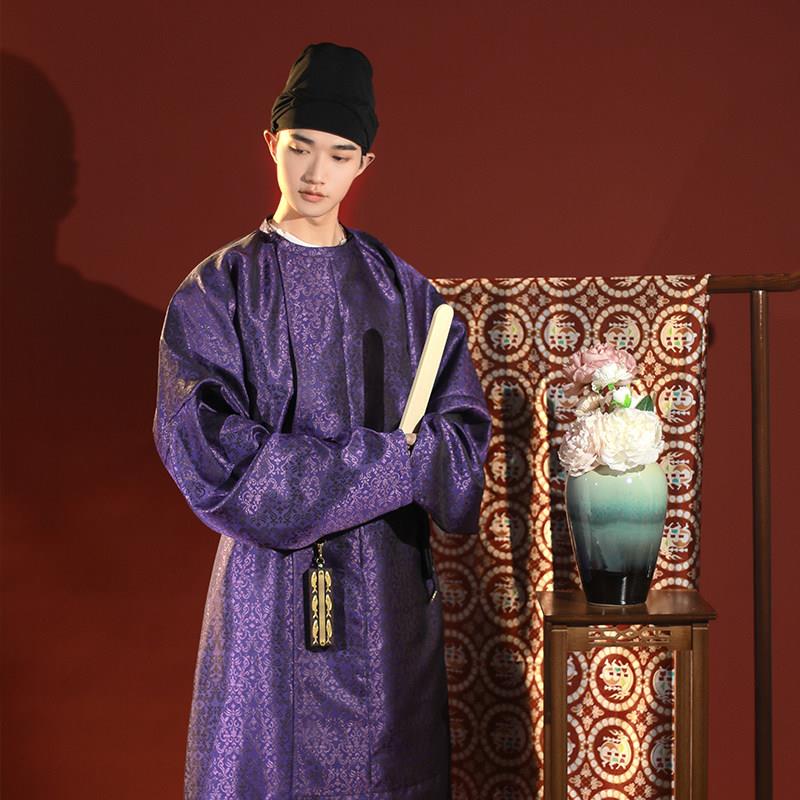 君陈【忠嗣】大放量复原款卷草纹男装汉服唐圆领袍官服紫色襕袍