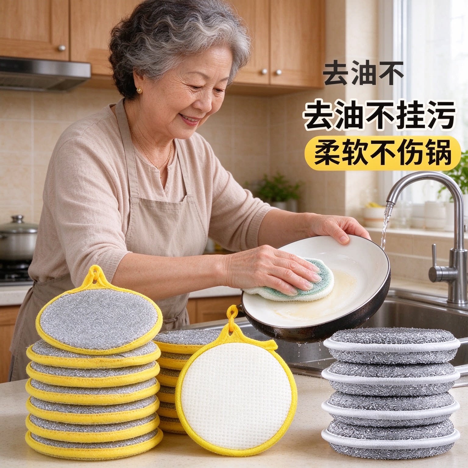 家用双面圆形洗碗棉升级加厚耐磨海绵擦厨房强力去油污不伤锅