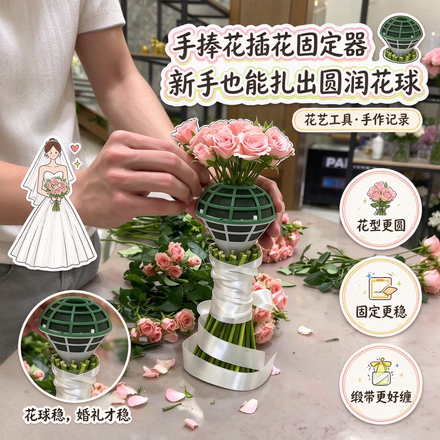 新娘手捧花插花固定神器省时省力自带泥花托手工DIY花束包装资材