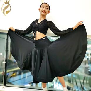 儿童登裙春摩国标舞三件套女童拉舞练功服黑色夏蕾丝长袖丁WH2139