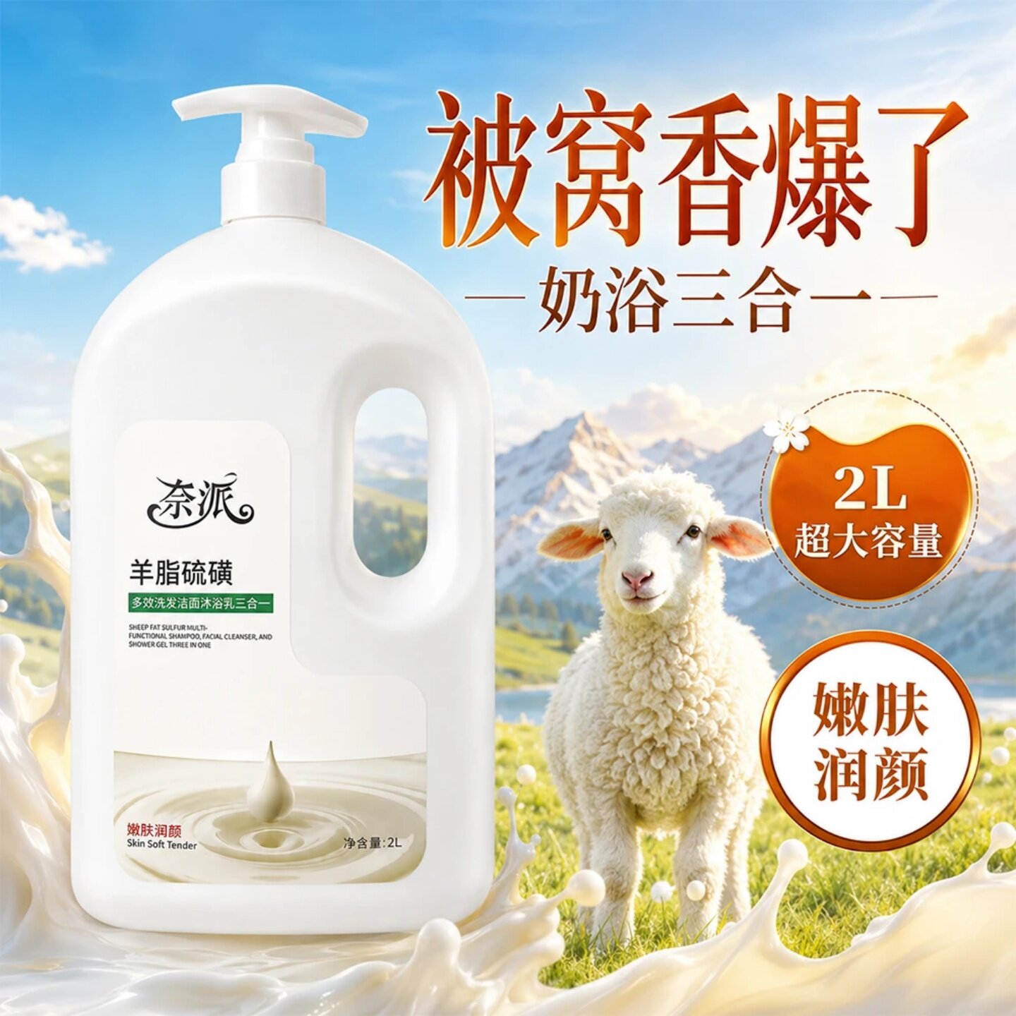 奈派羊脂硫磺多效洗发洁面沐浴乳三合一嫩肤润颜持久留香滋润保湿