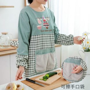 子 家用工作服罩纯棉厨房全身可擦手围裙带女士围裙卡通衣防油袖