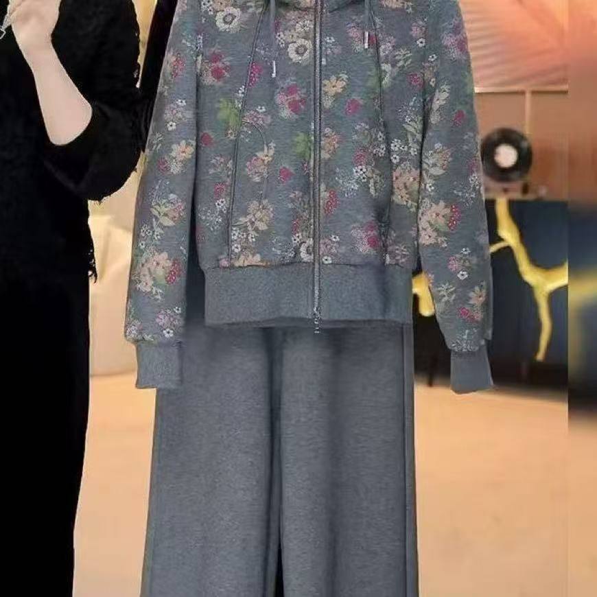 秋冬加绒加厚中年妈妈洋气遮肚阔腿裤套装女士拉链开衫连帽两件套,女装/女士精品,大码套装,淘宝优惠券,粉丝福利购,淘宝优惠卷