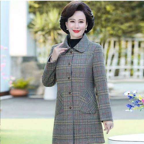 妈妈加绒加厚格子中长款保暖上衣