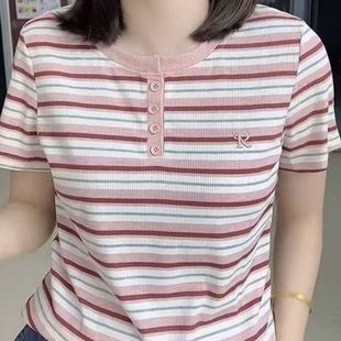 洋气夏装 新款 条纹小衫 中年妈妈宽松女士t恤刺绣短袖 显瘦上衣 大码