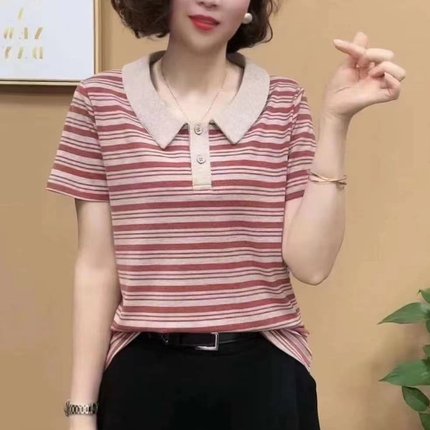 2024夏季新款条纹polo领短袖T恤小衫女洋气大码宽松妈妈显瘦上衣