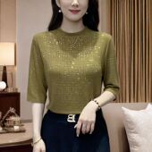 洋气烫钻短袖 妈妈T恤小衫 时尚 中老年女士新款 宽松显瘦中袖 上衣女