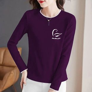 春秋纯棉长袖t恤女新款中年妈妈洋气内搭打底衫宽松显瘦大码上衣