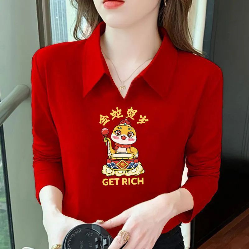 纯棉POLO领上衣女大红色