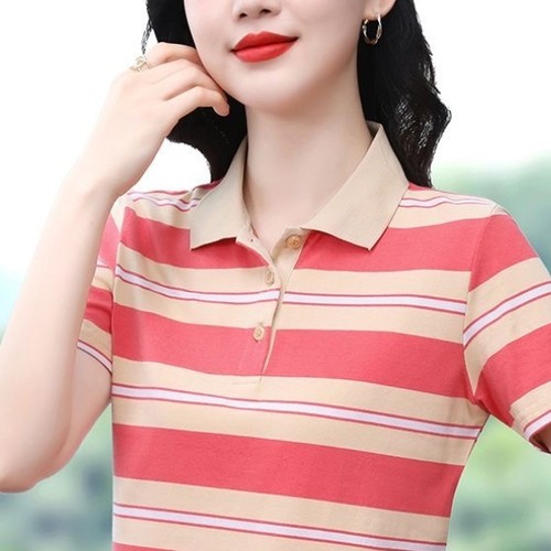 条纹翻领POLO衫宽松显瘦遮肉上衣
