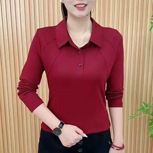 t恤秋冬翻领POLO时尚 长袖 上衣女 中老年妈妈宽松显瘦大码 2025新款