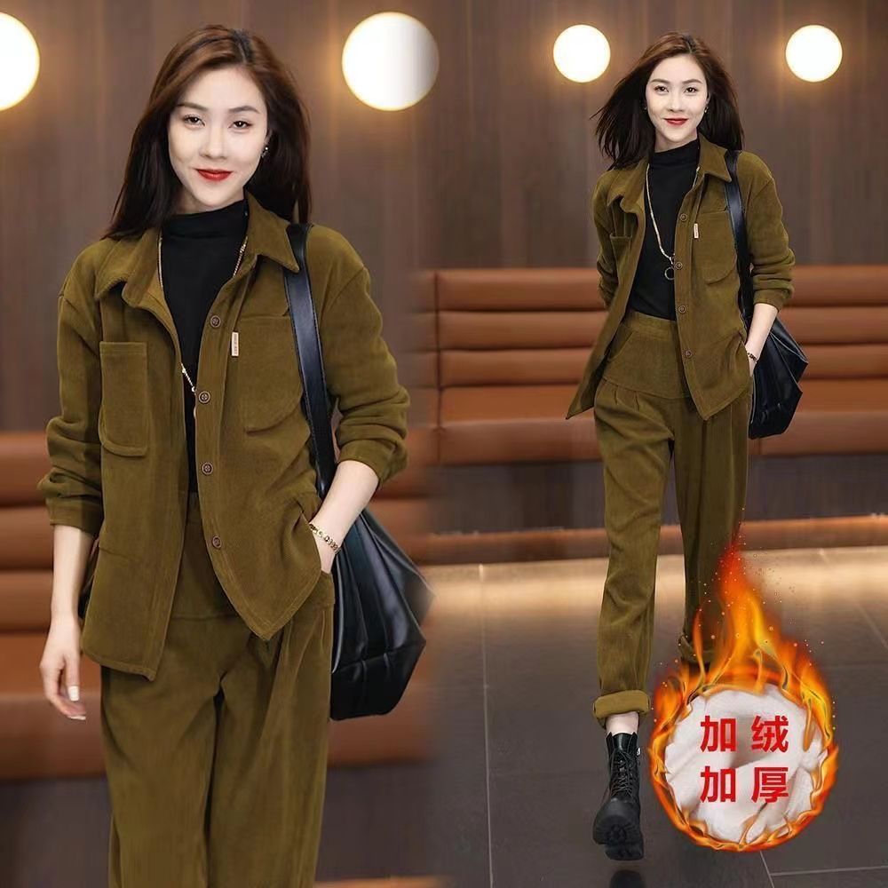 大码灯芯绒套装女秋冬减龄套装