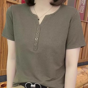 上衣洋气小衫 中年妈妈v领短袖 宽松遮肚显瘦大码 t恤女2025新款 夏季