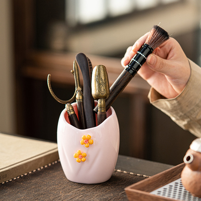 速发茶陶六君子手捏花士插花瓶茶道瓶粉色道瓷具夫茶功零配件家用