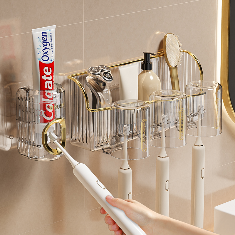 速发牙刷置物架架子杯口牙膏漱子杯免打孔刷牙杯壁缸牙挂式化妆室