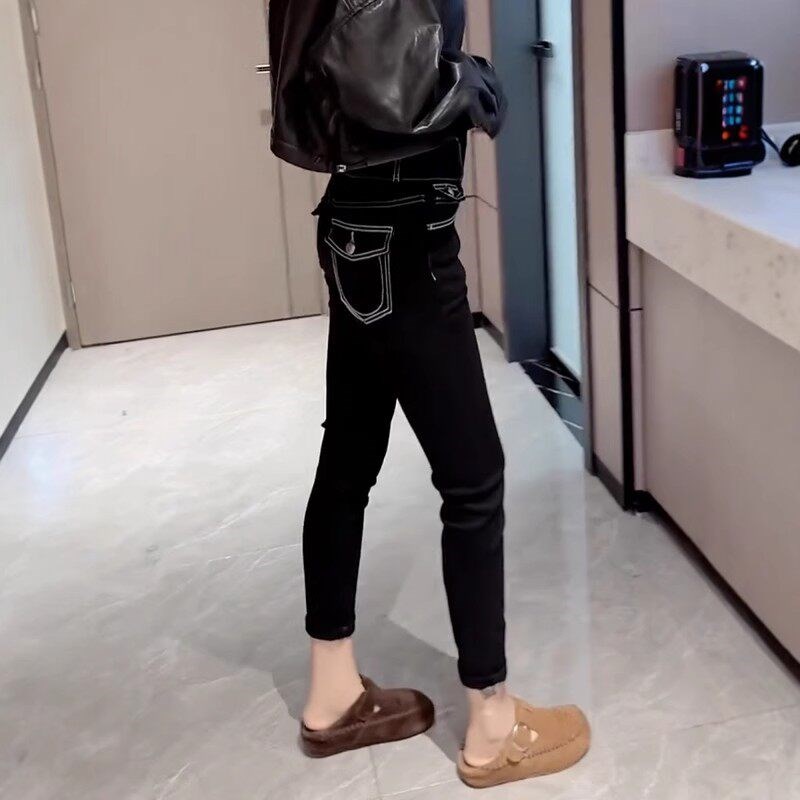 速发春季新款洋气时髦九分铅笔裤子大码复古明线设计小脚牛仔裤