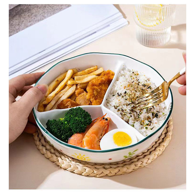速发分格餐盘儿童加深加瓷带盖分盒饭餐盘大人孩陶热保温