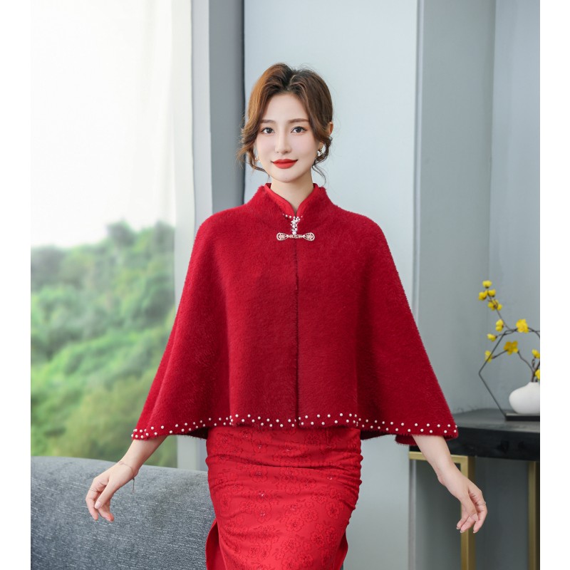 速发改良款敬酒服秋冬女秋冬结婚配旗袍裙子的斗篷珍珠款洋气毛呢