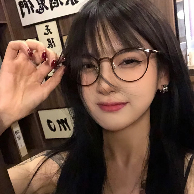 速发超轻素颜色茶近视度数可配级感椭眼小九久平光圆睛框镜架