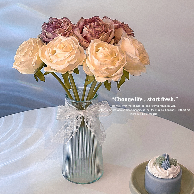 速发玫永假花摆设客厅餐桌房间饰室桌面装卧花艺摆件瑰生干花花束