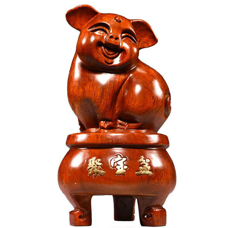 花梨木雕猪摆件红木聚盆生肖福猪实木质桌面装饰家居礼品工艺品