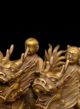 宏达黄铜大号铜麒麟金童玉女铜器工艺摆件