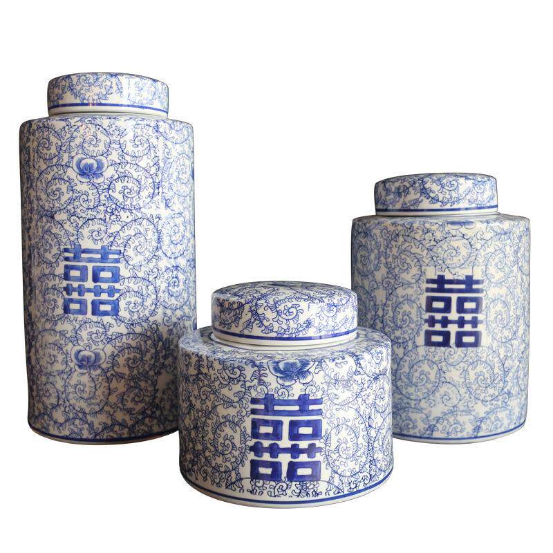 新中式储物陶瓷青花瓷摆件客厅玄关软装罐花瓶储物样品房喜字圆罐
