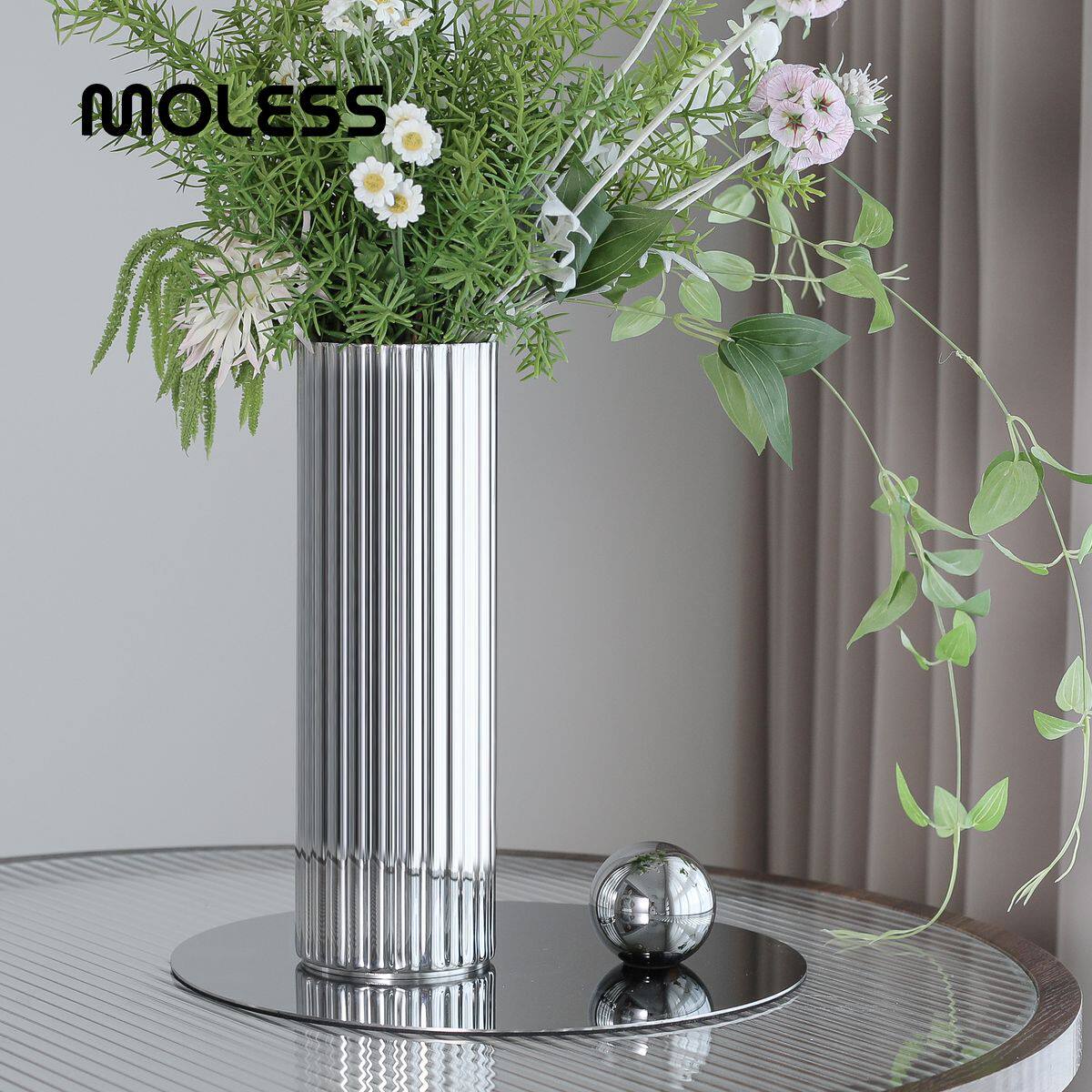 MOLESS北欧简约居家客厅茶几插花装饰花瓶创意不锈钢圆柱花器摆件