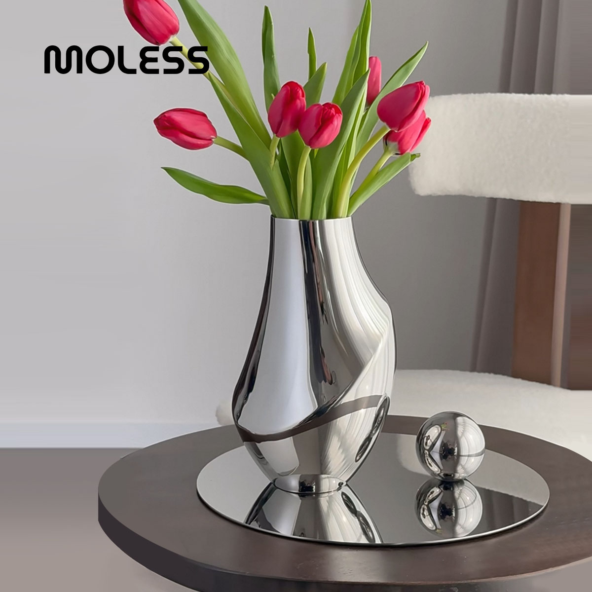 MOLESS 北欧简约软装饰客厅摆件插花花器不锈钢花瓶轻奢样板房