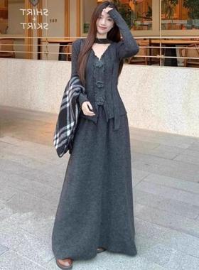 立体花朵V领飘带长袖针织衫高腰显瘦半身长裙女2024冬季时尚套装