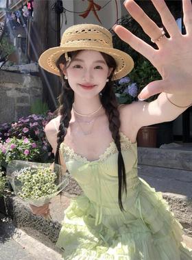 法式气质度假风绿色连衣裙女2025年夏季新款收腰显瘦蛋糕裙短裙子