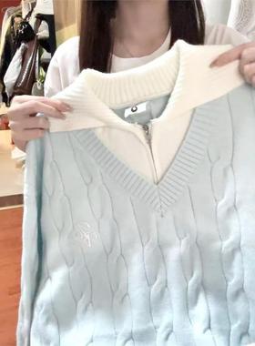 蓝色假两件翻领麻花毛衣女秋冬宽松慵懒风加厚时尚外穿针织衫上衣