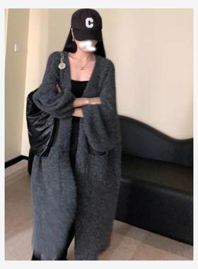 慵懒风泡泡袖中长款针织开衫女秋冬季加厚软糯韩版高级感外套大衣
