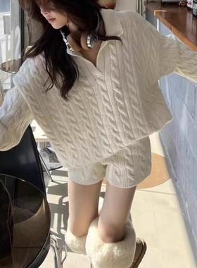 韩系POLO领麻花毛衣短裤两件式套装女冬宽松慵懒风针织上衣时尚套