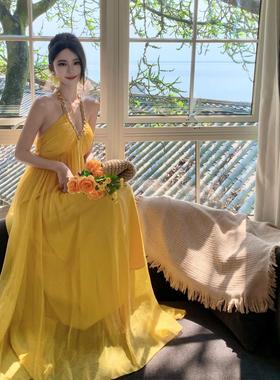 绝美黄色裙子V领挂颈洋装女长版海边度假雪纺飘逸超仙大摆长裙