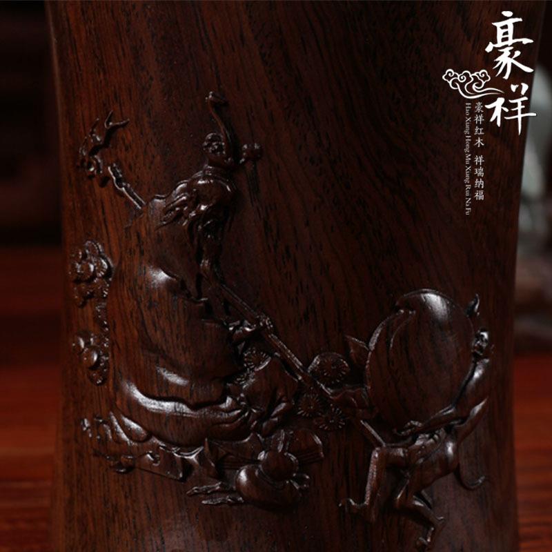 非洲黑檀木大圣贺寿小号圆形笔筒黑枝木小号寿桃笔筒摆件工艺品