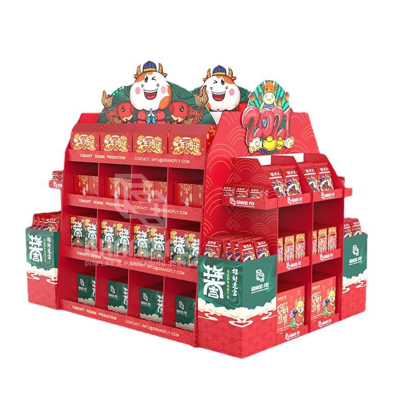 源头厂家新年超市礼品促销纸堆头春节年货纸地堆纸展示架纸堆头