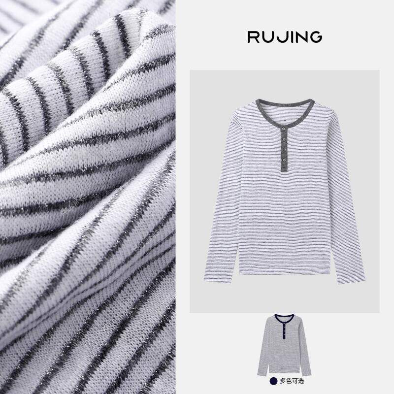 RUJING丨黑标 【亨利条纹】亚麻羊毛莱赛尔亨利领条纹金银丝长袖T