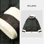 黑标 小雪绒 羊羔毛拼接连帽鹅绒服 RUJING 7091